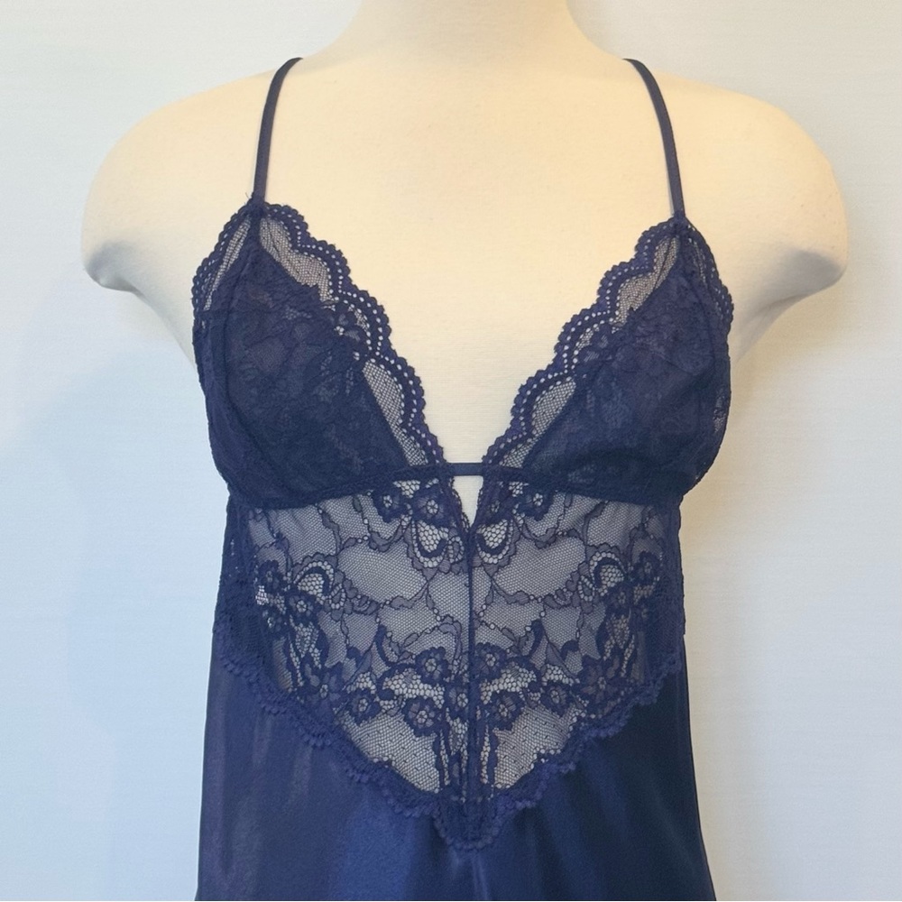 In Bloom by Jonquil Stretch Lace Silky Satin Deep Blue Sheer Chemise Slip Dress - Picture 6 of 7